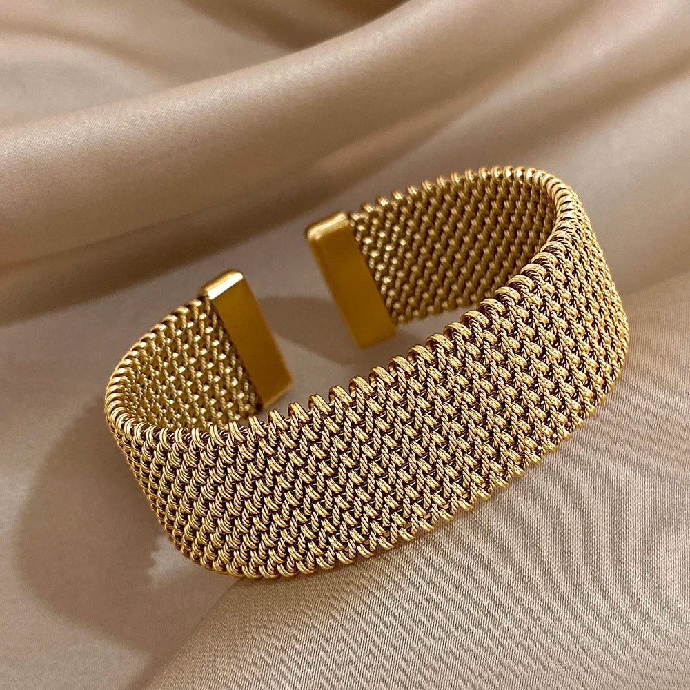 Vintage-Webart, goldene Manschettenarmbänder für Frauen, elegant, trendig, Edelstahl, klobiges Armband, Armreif, wasserdicht, Schmuck, Geschenke