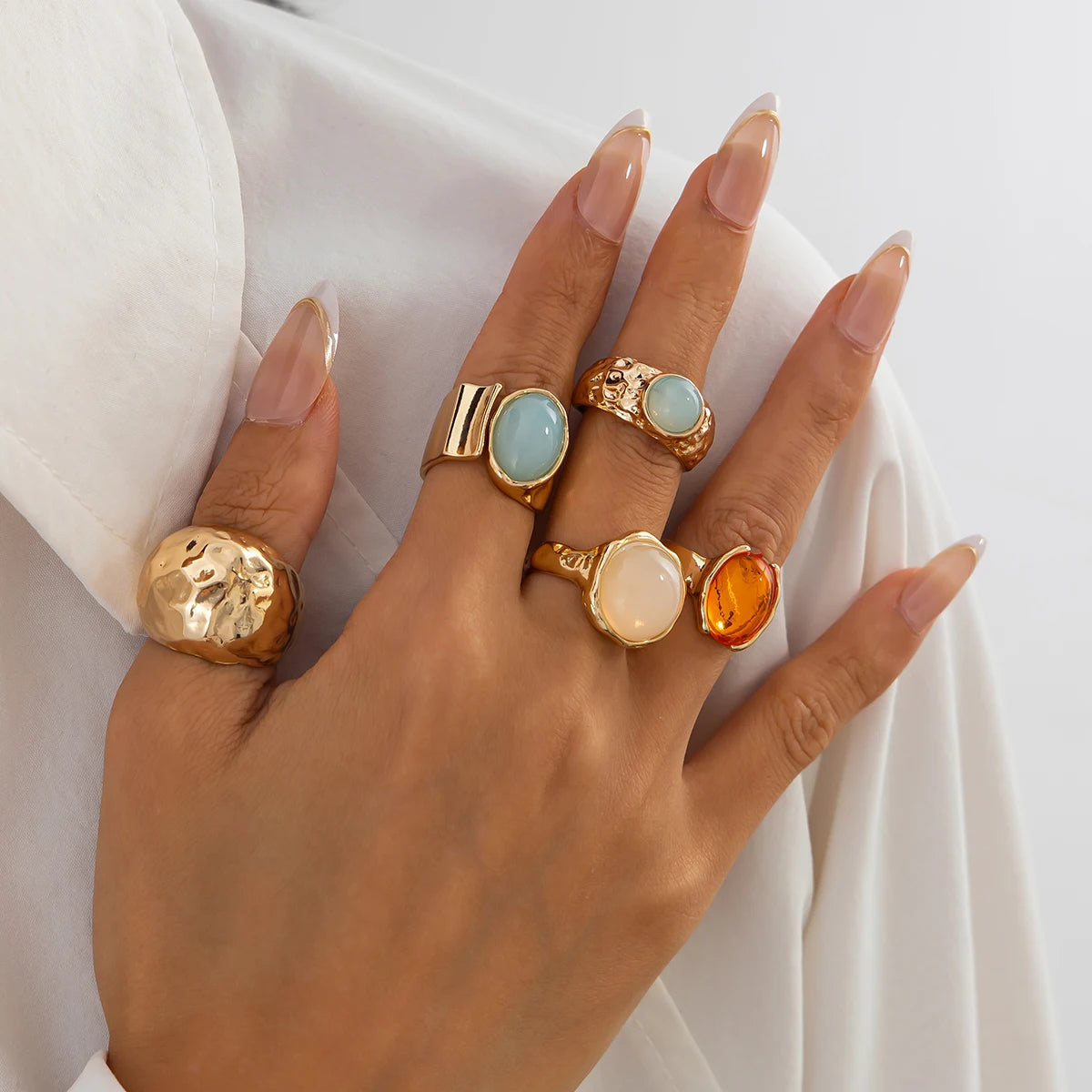 Ingemark 5 Teile/satz Retro Gold Farbe Unregelmäßigen Metall Ring für Frauen Böhmischen Offenen Einstellbar Breiten Ring Ästhetischen Y2K Schmuck Geschenk