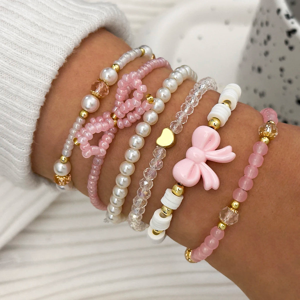 6 Teile/satz Europäischen und Amerikanischen Nette Perle Liebe Perlen Bogen Armbänder Set Für Frauen Einfache Design Süße Schmuck Geschenke