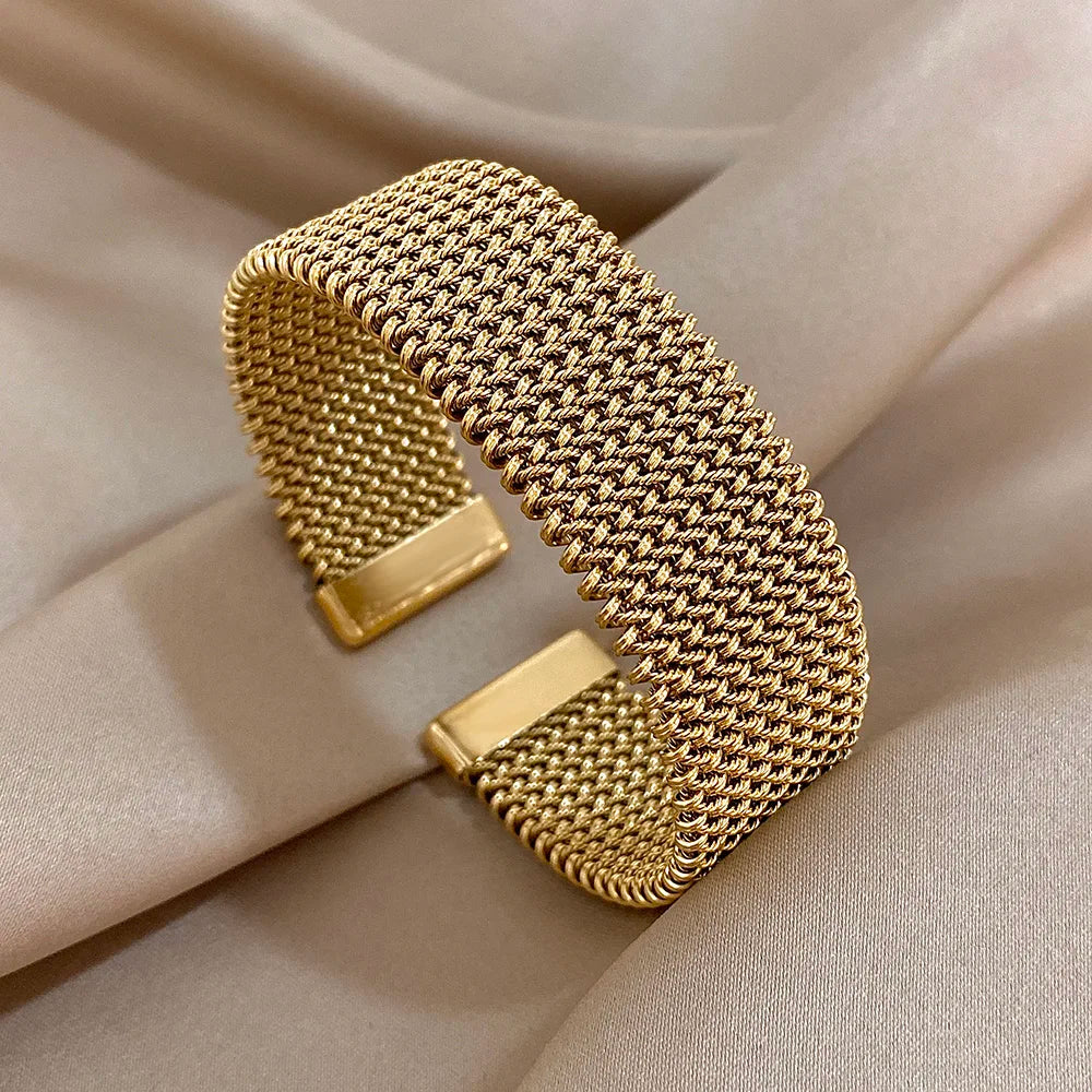 Vintage-Webart, goldene Manschettenarmbänder für Frauen, elegant, trendig, Edelstahl, klobiges Armband, Armreif, wasserdicht, Schmuck, Geschenke