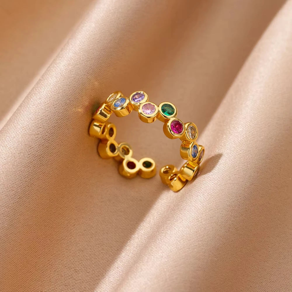 Bunte Zirkon Ringe Für Frauen Gold Farbe Edelstahl Farbige Zirkonia Ring Luxus Mode Hochzeit Schmuck Geschenk