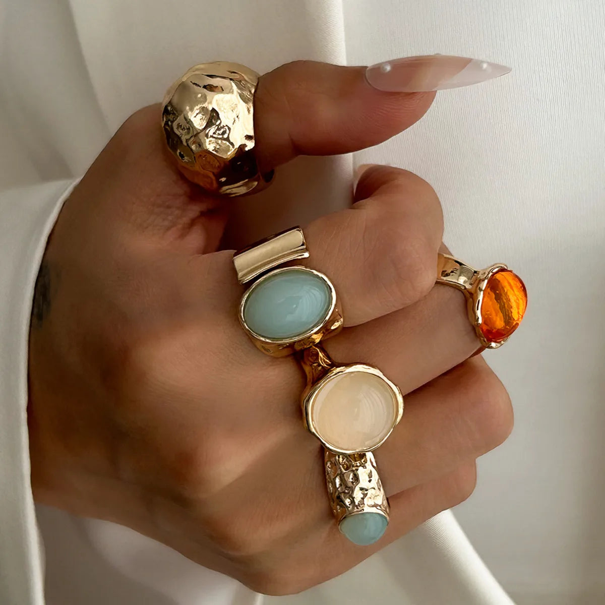 Vintage Boho Ring-Set (5-teilig) – Offene Metallringe mit Acryl