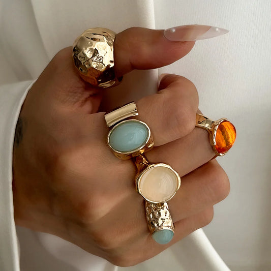 Vintage Boho Ring-Set (5-teilig) – Offene Metallringe mit Acryl