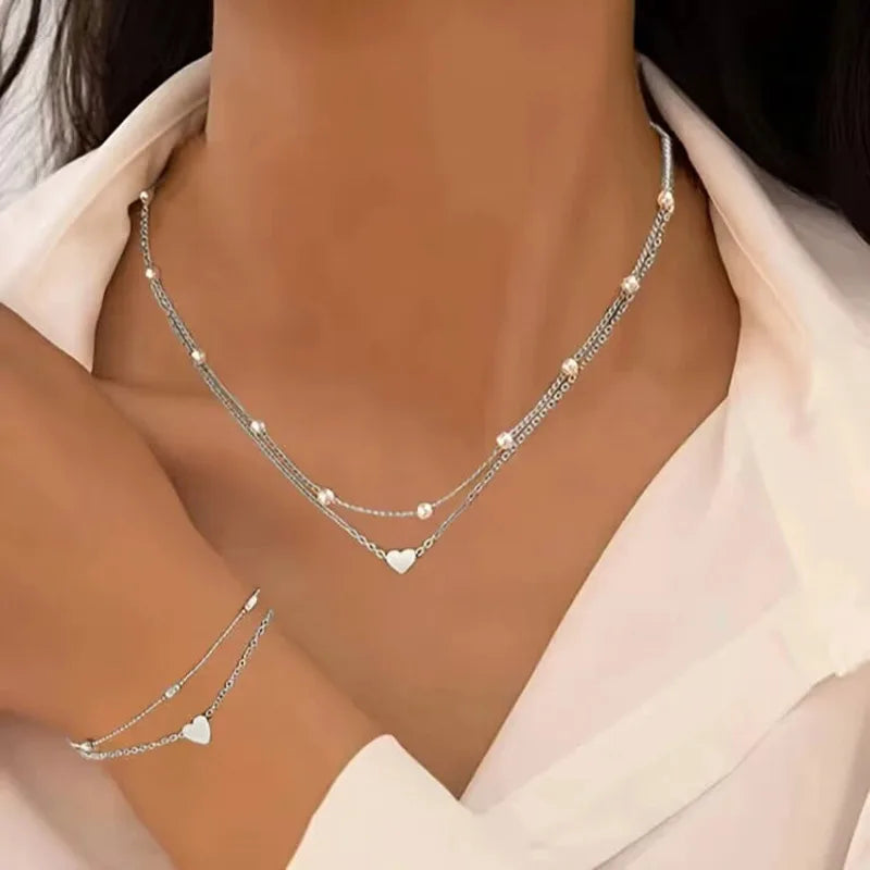 Mode Imitation Perle Herz Schmuck-Set Für Frauen Gold Silber Farbe Runde Perlen Halskette Armband Set Täglichen Verschleiß Zubehör