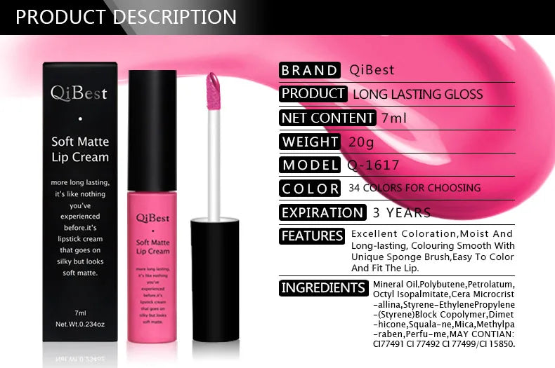 QIBEST Sexy Samt Matte Lip Gloss Flüssigen Lippenstift Lipgloss Schönheit Rot Nude Wasserdicht Langlebig Lip Stain Make-Up Für Frauen
