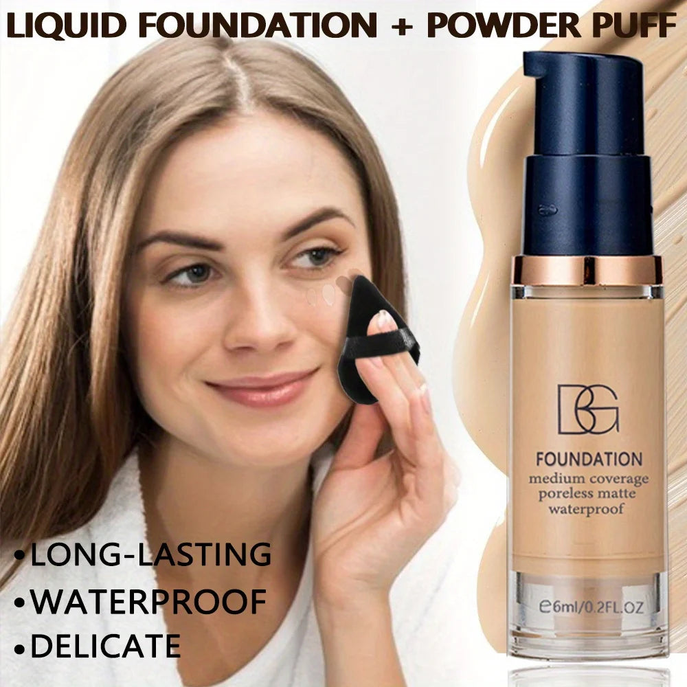 2 Stück wasserdichte flüssige Foundation mit vollständiger Abdeckung und schwarzer dreieckiger Puderquaste, langlebig, mattes Finish, dunkler Kreis und Blemish-Abdeckung