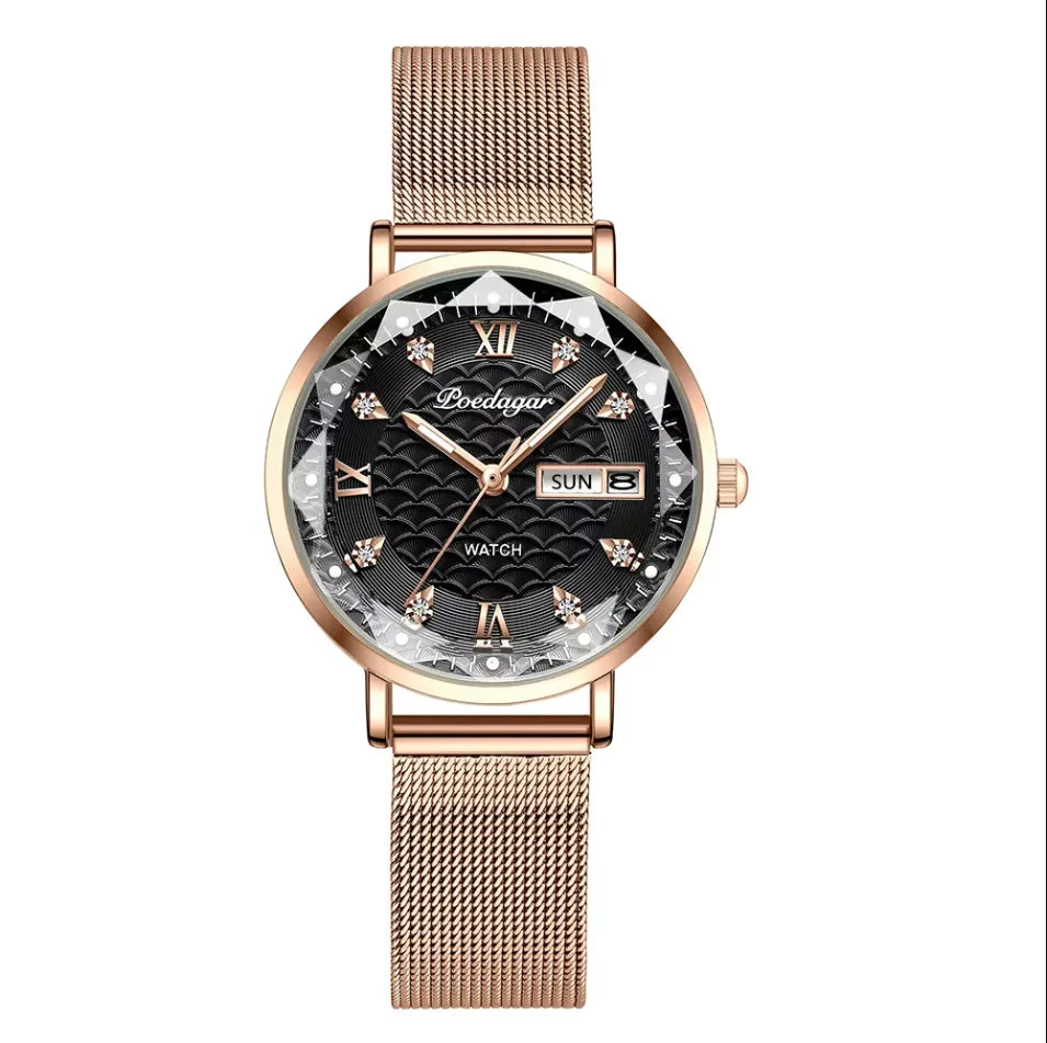 POEDAGAR Frauen Uhr Neue Mode Luxus Edelstahl Armbanduhr Armband Einfache Rose Gold Wasserdicht Leucht Damen Uhren
