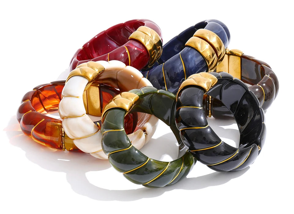 Yhpup Exklusives mehrfarbiges Acrylharz, breites Statement-Armband, Armreif, Edelstahl, Herbst-Winter-Pullover, Handgelenkschmuck