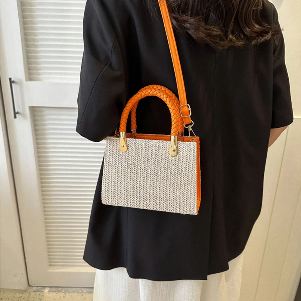 Modische, minimalistische, gewebte Handtasche, einfarbige Umhängetasche aus Strohgeflecht, vielseitige, lässige kleine quadratische Tasche