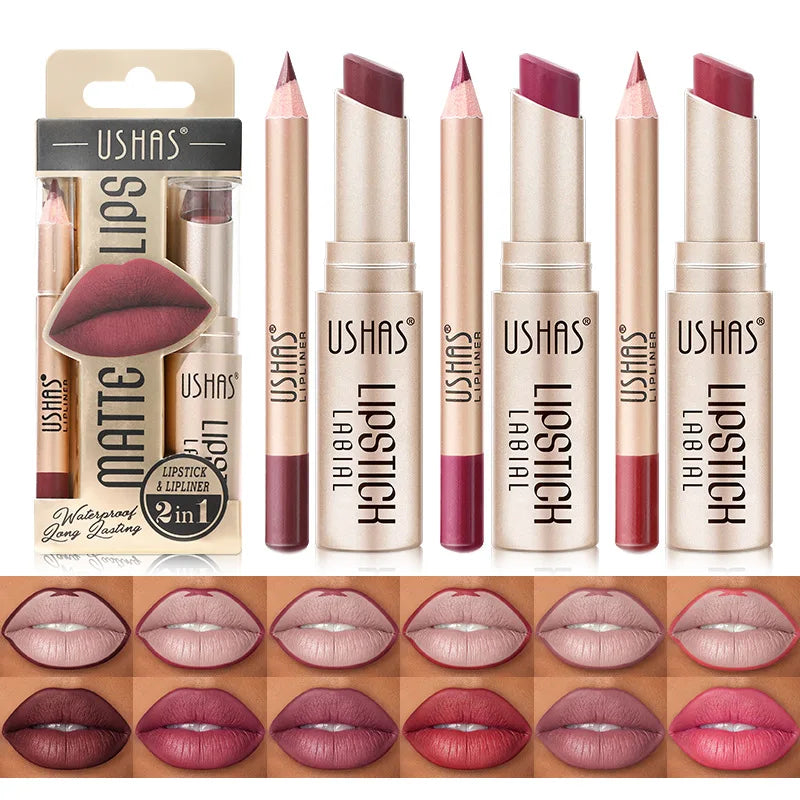 USHAS 12-Farben-Lipliner + Lippenstift-Set, leicht färbender, mattierter Lippenstift, langlebiger nackroter Lippenstift