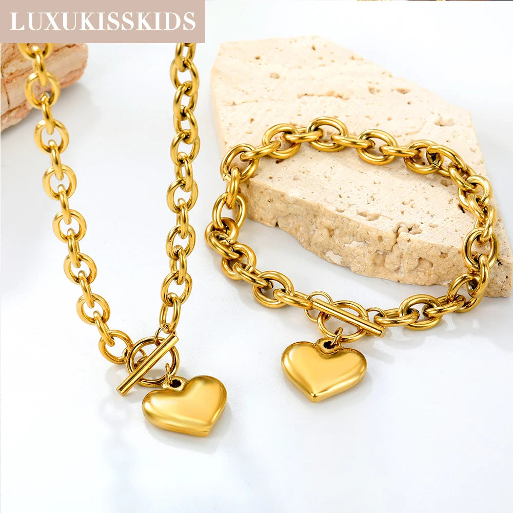 LUXUKISSKIDS Mode Kubische Liebe Herz Minimalistischen Schmuck Set Halskette Ohrringe Armbänder Edelstahl Frauen/Mädchen Zubehör