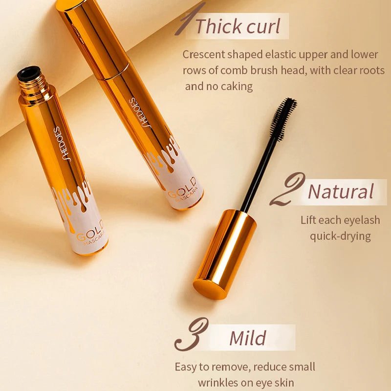 Dicke, lockige, schwarze, wasserfeste, nicht verschmierende, schlanke, langlebige und make-upfreie Augen-Mascara in schwarzer Goldfarbe