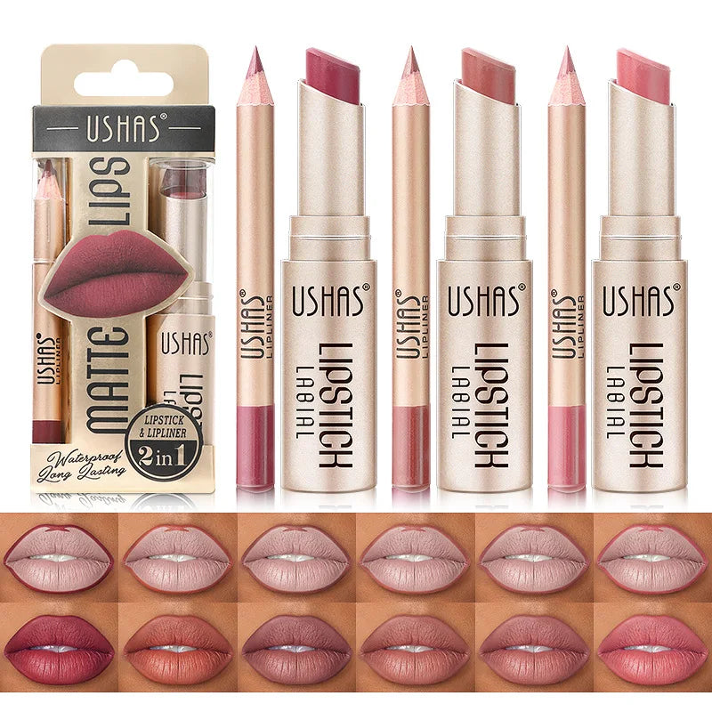 USHAS 12-Farben-Lipliner + Lippenstift-Set, leicht färbender, mattierter Lippenstift, langlebiger nackroter Lippenstift