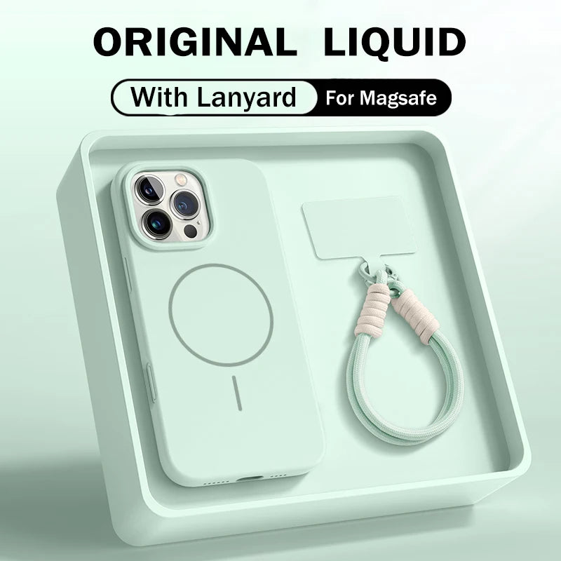 Offizielle Flüssigsilikon-Lanyard-Schutzhülle für iPhone 17, Air 16, 16E, 14, 15 Plus 12, 13, 11 Pro Max, für Magsafe Magneitc Soft Cover