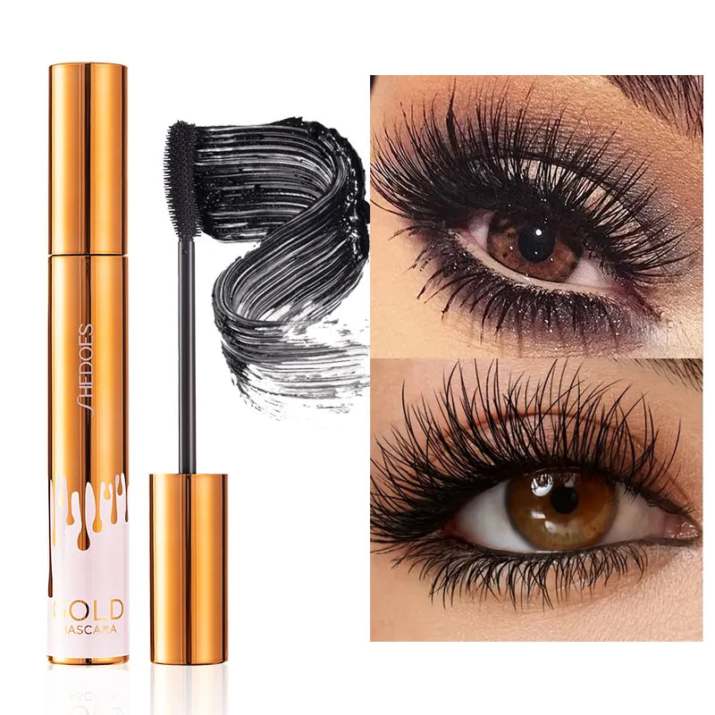 Dicke, lockige, schwarze, wasserfeste, nicht verschmierende, schlanke, langlebige und make-upfreie Augen-Mascara in schwarzer Goldfarbe
