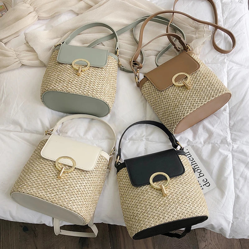Strand Dame Reise Geldbörsen und Handtaschen Casual Ketten Stroh Eimer Taschen Frauen Sommer Umhängetasche Rattan Taschen Schulter Tasche Bolsa
