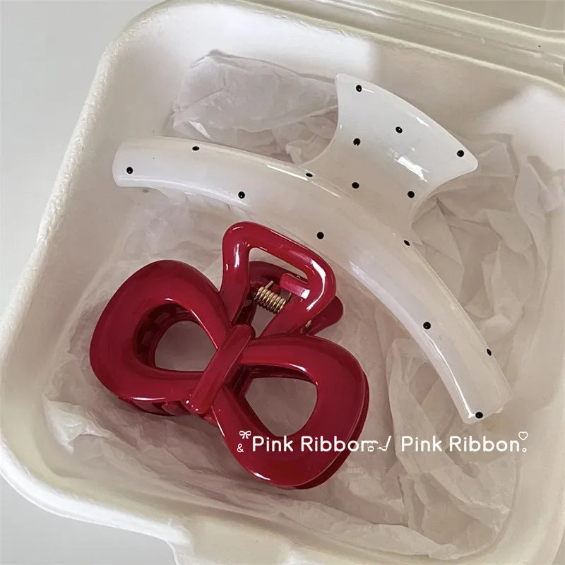 2-teiliges Vintage Haarclip-Set – Blau Polka Dots & Rote Schleife | Koreanische Haarspangen für Damen