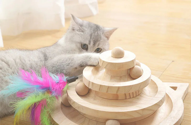 Holz-Katzen-Spielturm 2/3 Ebenen | Intelligenzspielzeug mit Bällen & Drehteller für Katzen