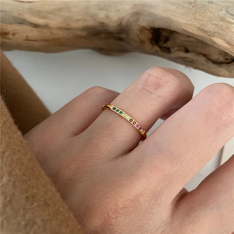 2 Teile/satz Edelstahl Regenbogen Farbe Kubikzircon Stein Finger Ringe für Frauen INS Gold Farbe Wasserdicht Sterne Ring Schmuck