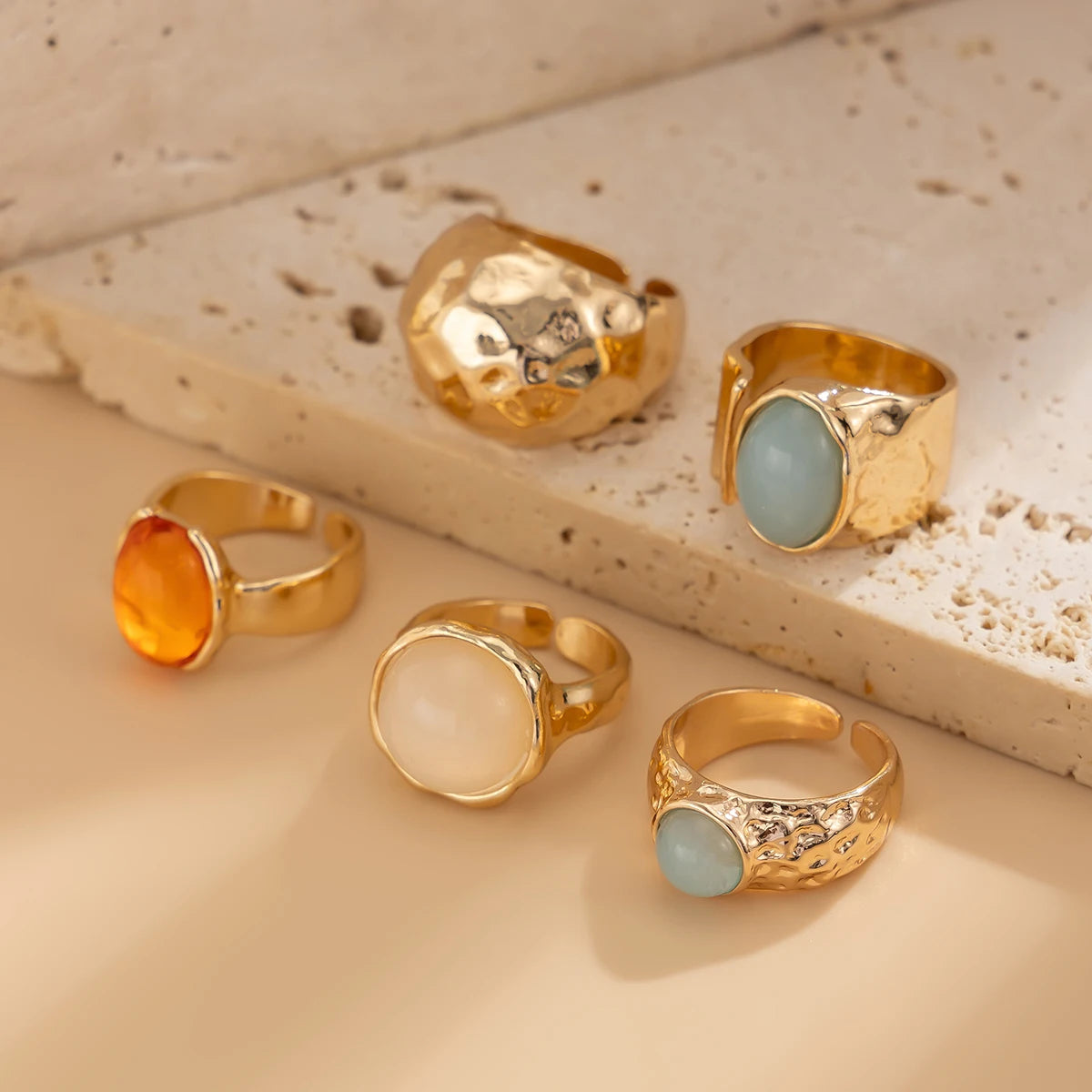 Vintage Boho Ring-Set (5-teilig) – Offene Metallringe mit Acryl