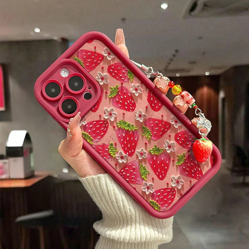 Blume Erdbeere Malerei Anhänger Kette Telefon Fall für iPhone 17 16 15 14 13 12 11 Pro Max 16E XS X XR 7 8 Plus Silikon Abdeckung