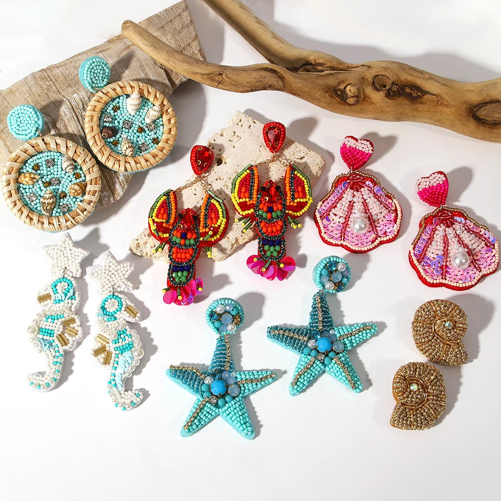 AENSOA Böhmische Seestern Hummer Muschel Samen Perlen Tropfen Ohrringe für Frauen Handgemachte Ozean Tier Ohrringe Sommer Strand Schmuck
