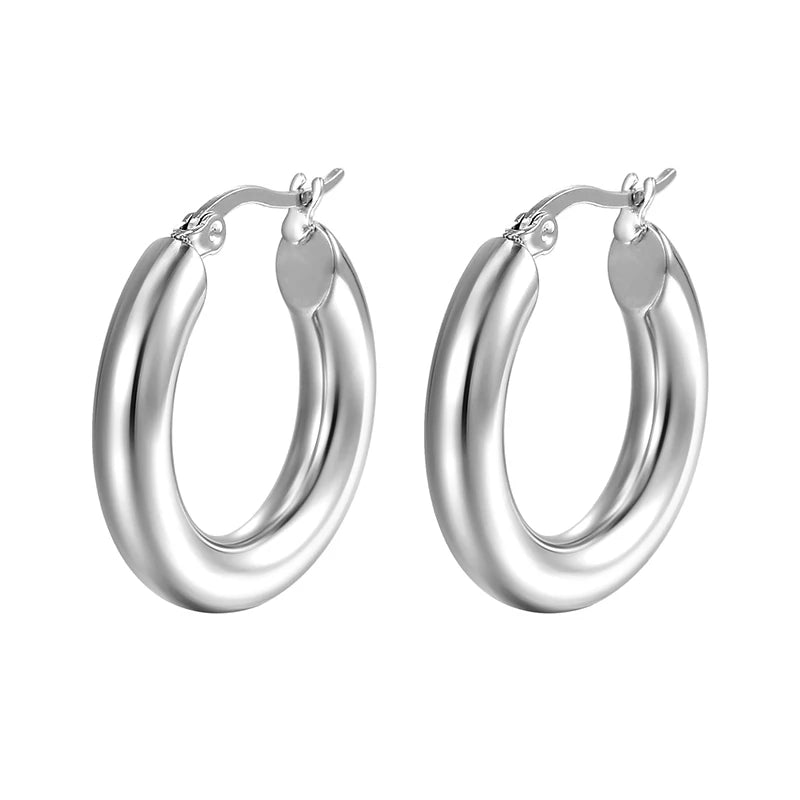 Klassische Mode Glatte Runde Creolen Für Frauen Edelstahl 5mm Dicke Ohr Schnalle Huggie Ohrringe Kreis Vintage-Schmuck