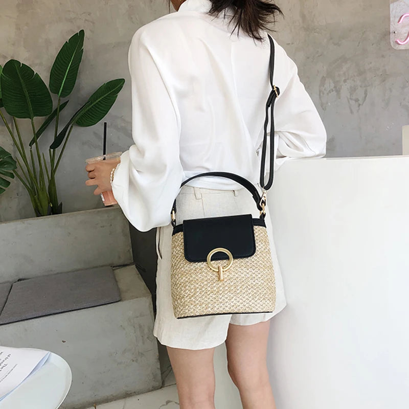 Strand Dame Reise Geldbörsen und Handtaschen Casual Ketten Stroh Eimer Taschen Frauen Sommer Umhängetasche Rattan Taschen Schulter Tasche Bolsa