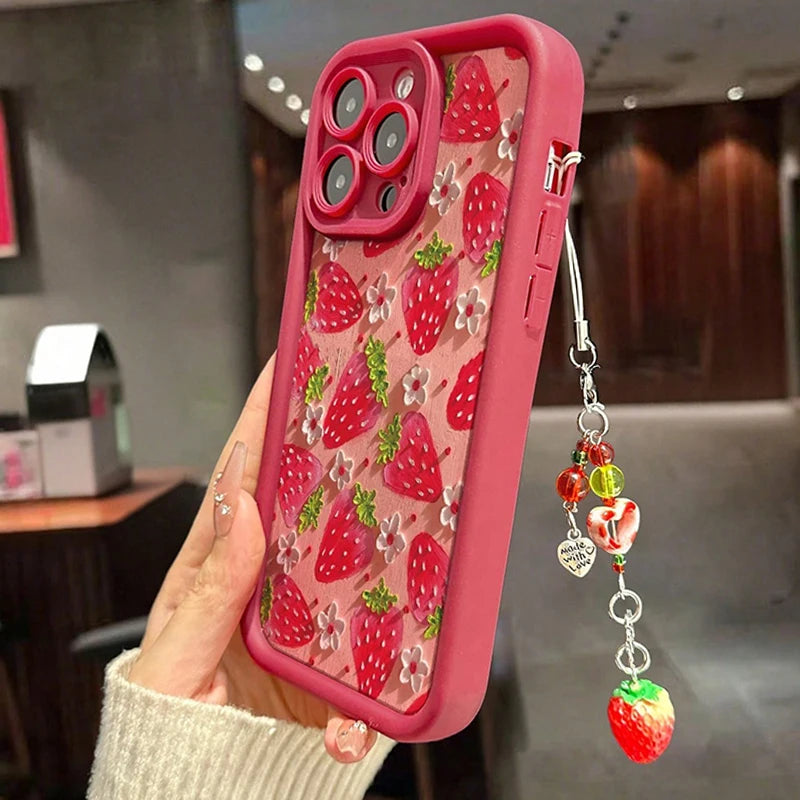 Blume Erdbeere Malerei Anhänger Kette Telefon Fall für iPhone 17 16 15 14 13 12 11 Pro Max 16E XS X XR 7 8 Plus Silikon Abdeckung