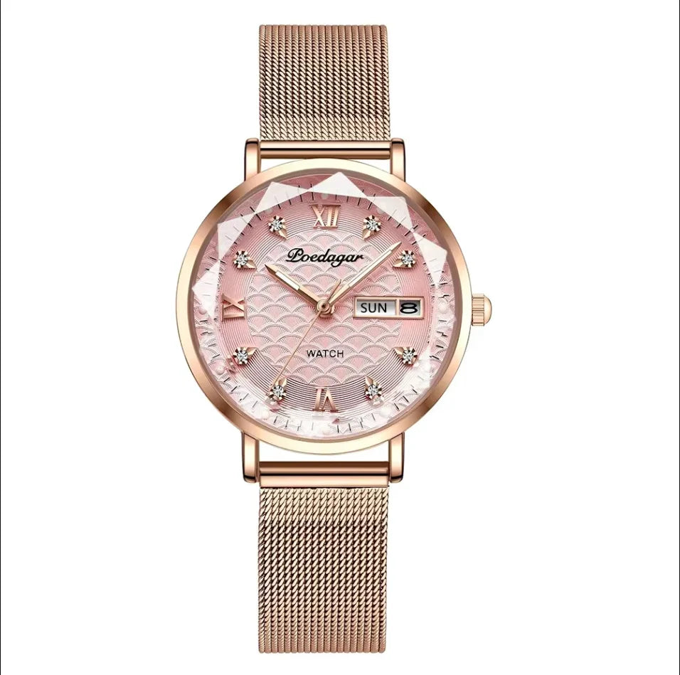 POEDAGAR Frauen Uhr Neue Mode Luxus Edelstahl Armbanduhr Armband Einfache Rose Gold Wasserdicht Leucht Damen Uhren