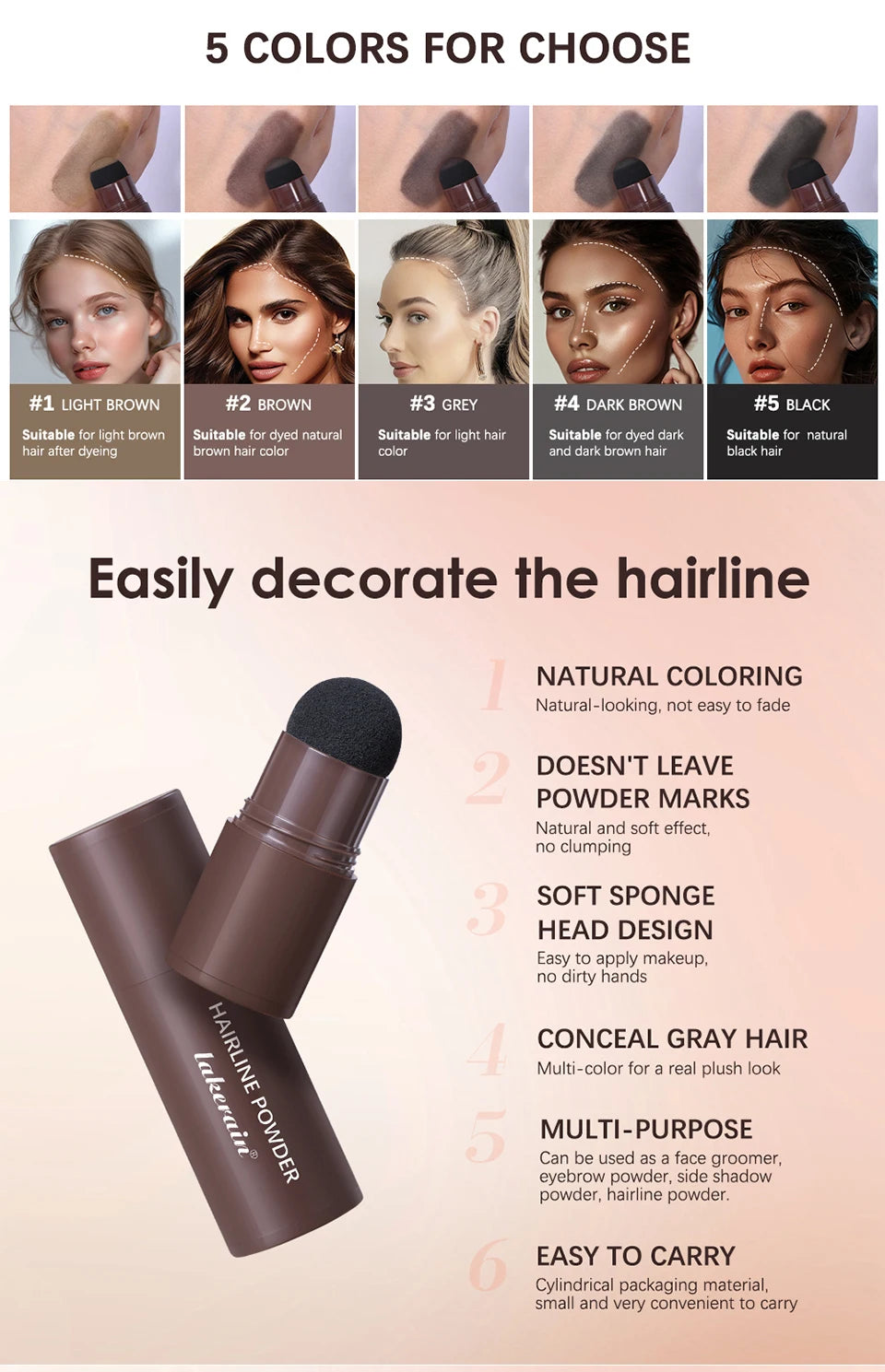 Haaraufbau-Reparatur-Stift, Fasern, Haar, sofort dickeres, volller aussehendes Haar, 6 Farbtöne für Männer und Frauen