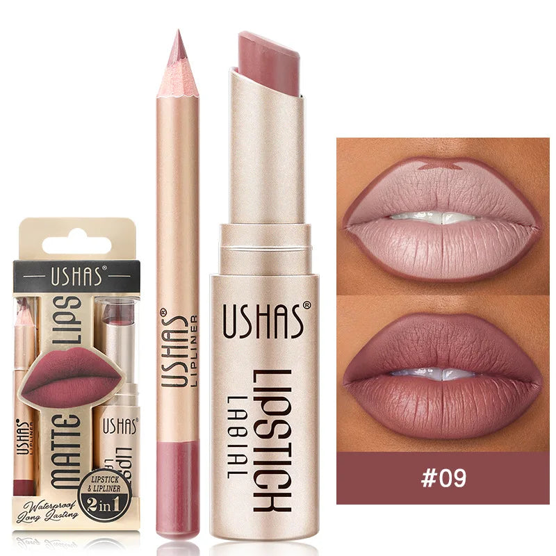 USHAS 12-Farben-Lipliner + Lippenstift-Set, leicht färbender, mattierter Lippenstift, langlebiger nackroter Lippenstift