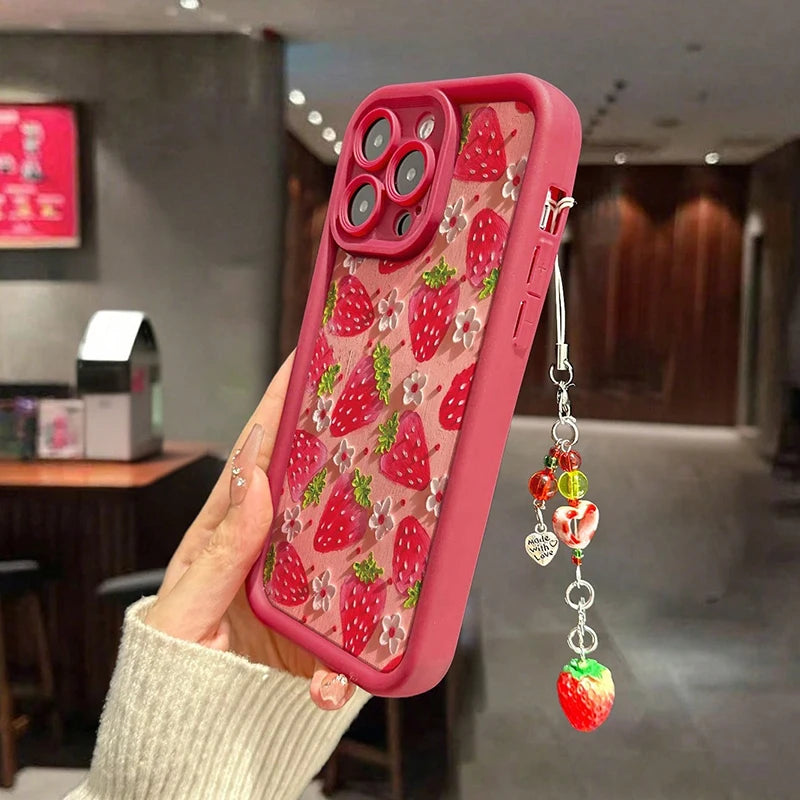 Blume Erdbeere Malerei Anhänger Kette Telefon Fall für iPhone 17 16 15 14 13 12 11 Pro Max 16E XS X XR 7 8 Plus Silikon Abdeckung