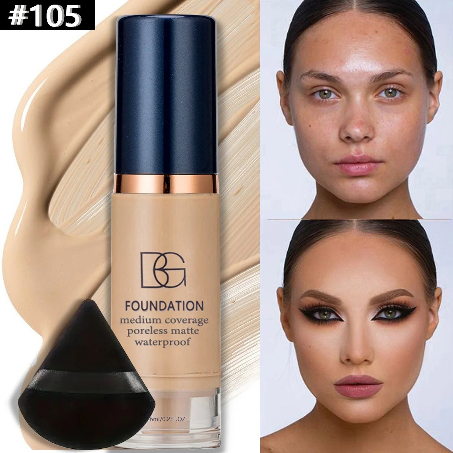 2 Stück wasserdichte flüssige Foundation mit vollständiger Abdeckung und schwarzer dreieckiger Puderquaste, langlebig, mattes Finish, dunkler Kreis und Blemish-Abdeckung