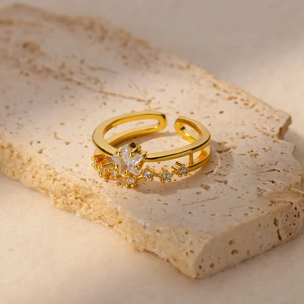 Goldener Herzring aus Edelstahl mit Zirkon – 18K vergoldet, Ehering für Frauen