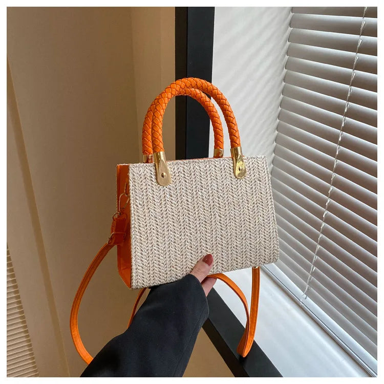 Modische, minimalistische, gewebte Handtasche, einfarbige Umhängetasche aus Strohgeflecht, vielseitige, lässige kleine quadratische Tasche