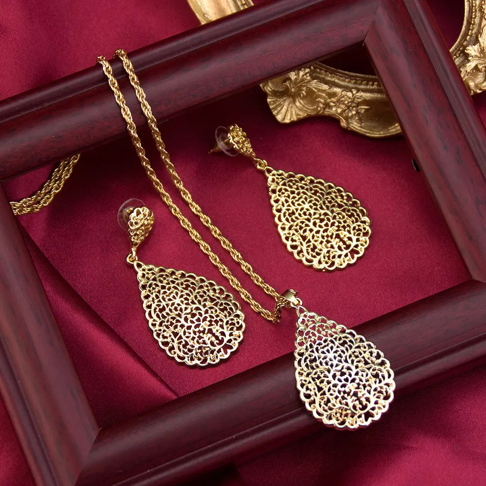 Sunspicems Goldfarbenes Arabisches Damen-Schmuckset Hohle Tropfenförmige Ohrringe Anhänger Halskette Marokkanischer Brautschmuck Strand-Schmuck
