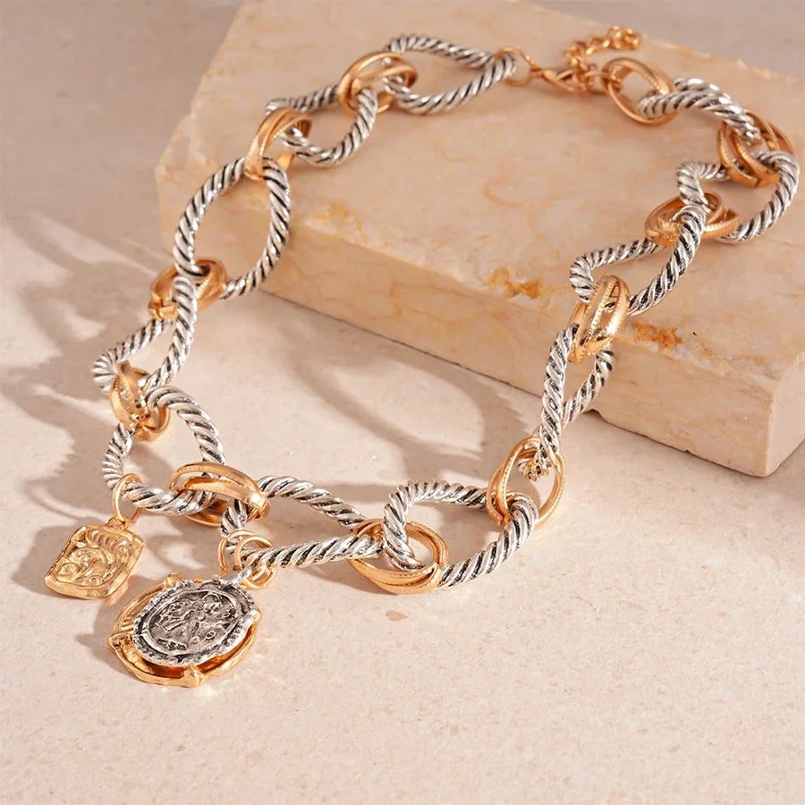 ZAA Vintage Metall Twisted Kreis Ketten Runde Münze Anhänger Halsketten für Frauen Puk Party Kette Colliers Halskette Schmuck Geschenke F