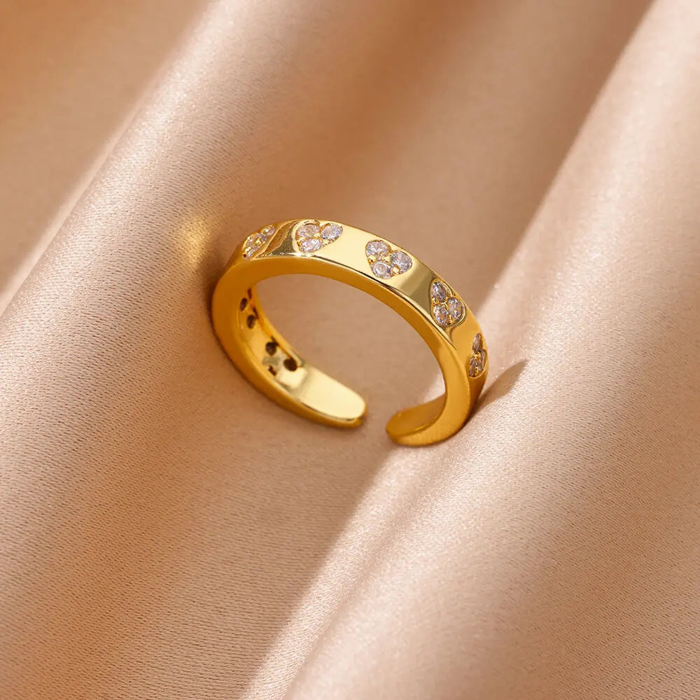 Goldener Herzring aus Edelstahl mit Zirkon – 18K vergoldet, Ehering für Frauen