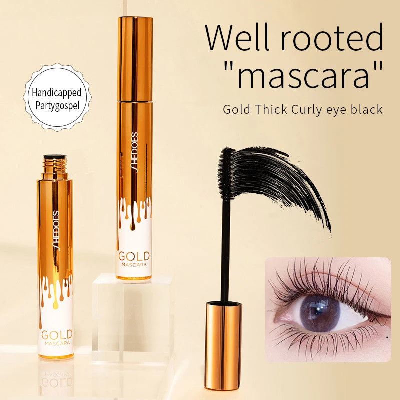 Dicke, lockige, schwarze, wasserfeste, nicht verschmierende, schlanke, langlebige und make-upfreie Augen-Mascara in schwarzer Goldfarbe