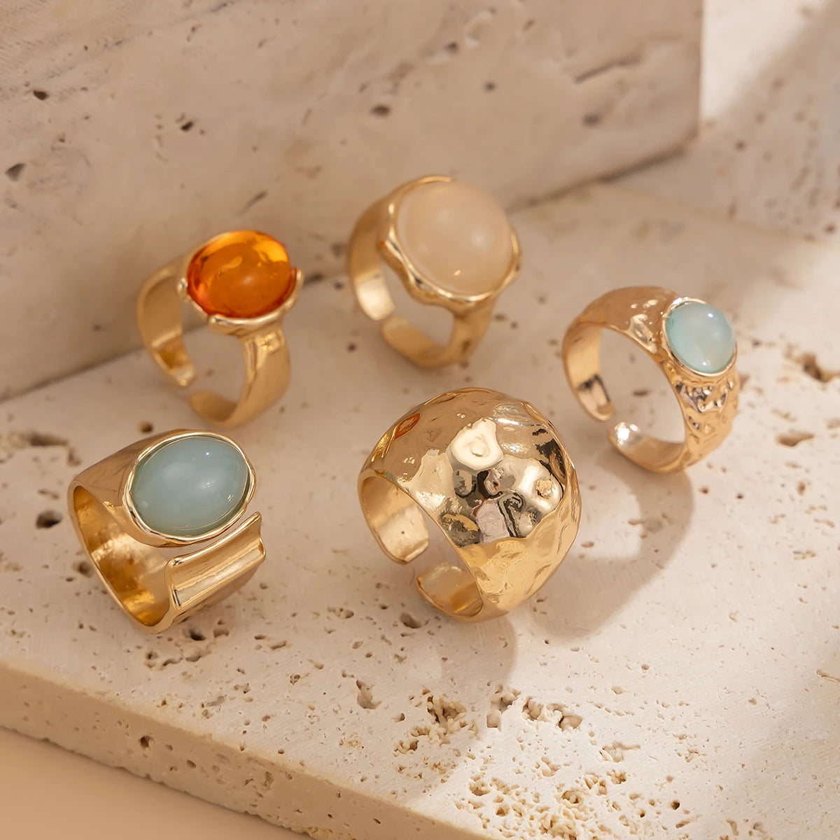 Vintage Boho Ring-Set (5-teilig) – Offene Metallringe mit Acryl