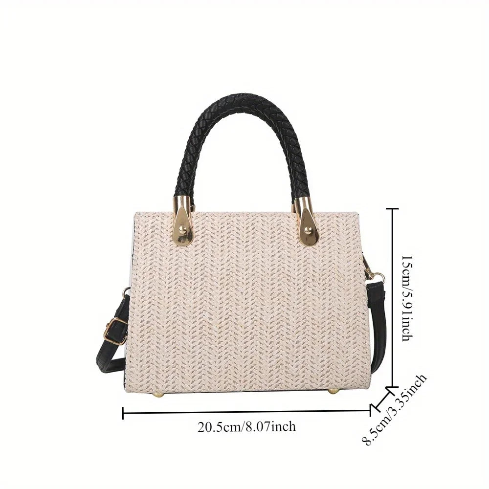 Modische, minimalistische, gewebte Handtasche, einfarbige Umhängetasche aus Strohgeflecht, vielseitige, lässige kleine quadratische Tasche