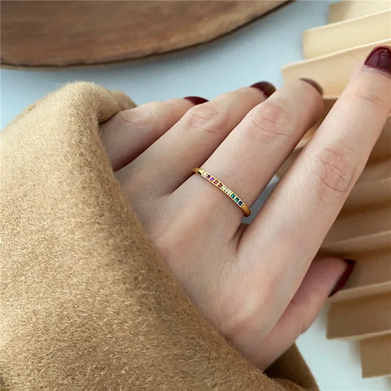 2 Teile/satz Edelstahl Regenbogen Farbe Kubikzircon Stein Finger Ringe für Frauen INS Gold Farbe Wasserdicht Sterne Ring Schmuck