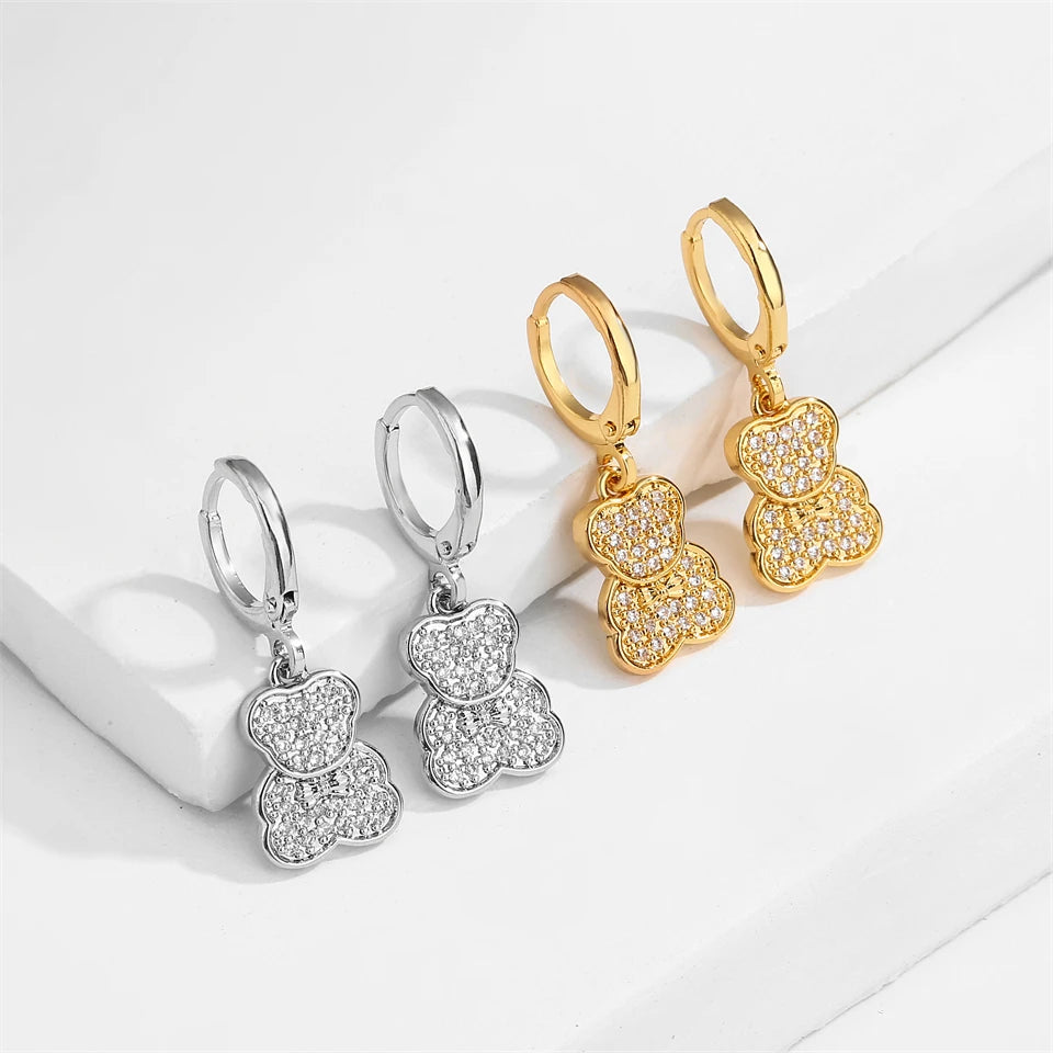 ZAKOL Glänzende Zirkon Teddybär Charm Tropfen Creolen für Frauen Mädchen Geometrische Chinesischen Stil Ohr Zubehör Schmuck Geschenk