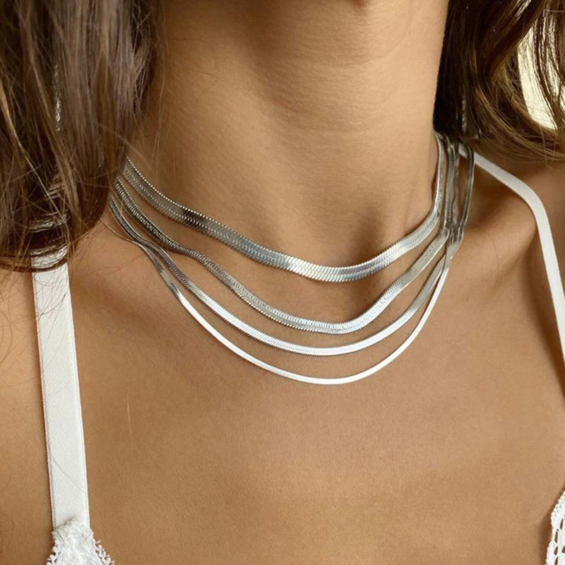 Heiße klassische Unisex flache Schlangenkette Halsband Halskette für Frauen Edelstahl Fischgrätenmuster Gold Silber Farbe Modeschmuck Geschenk
