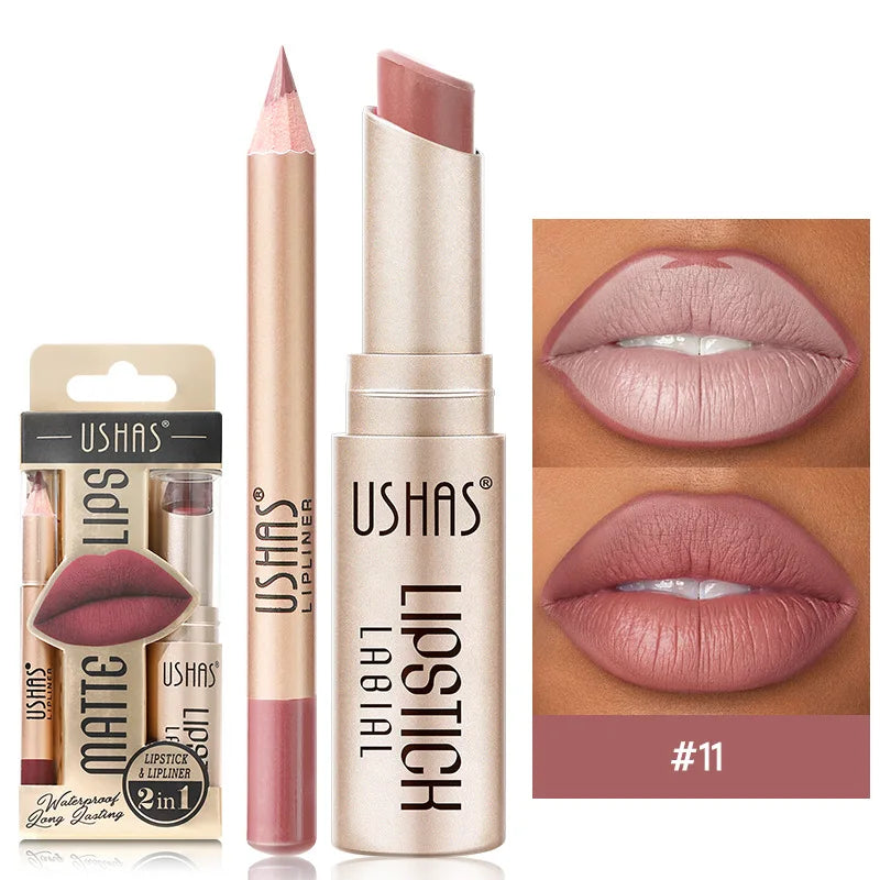 USHAS 12-Farben-Lipliner + Lippenstift-Set, leicht färbender, mattierter Lippenstift, langlebiger nackroter Lippenstift
