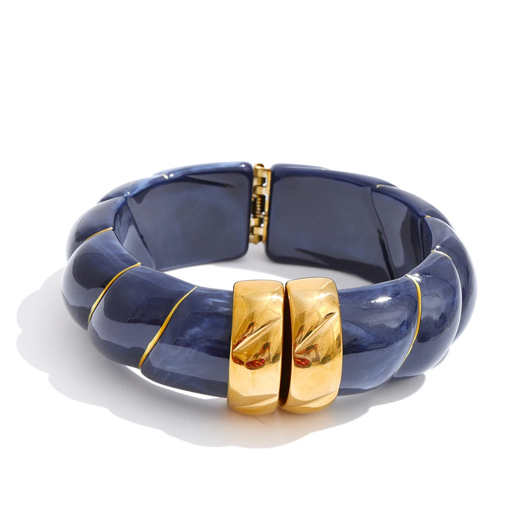 Yhpup Exklusives mehrfarbiges Acrylharz, breites Statement-Armband, Armreif, Edelstahl, Herbst-Winter-Pullover, Handgelenkschmuck