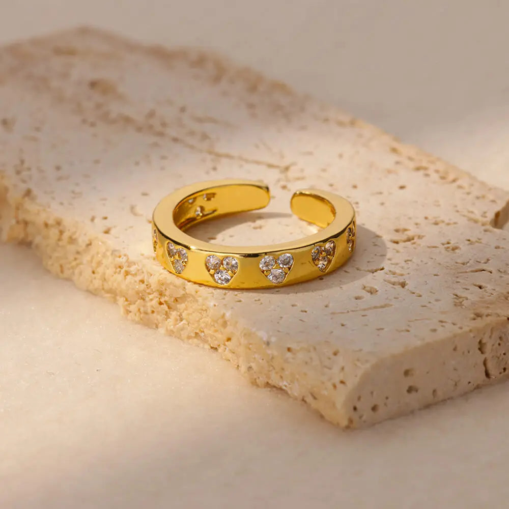 Goldener Herzring aus Edelstahl mit Zirkon – 18K vergoldet, Ehering für Frauen