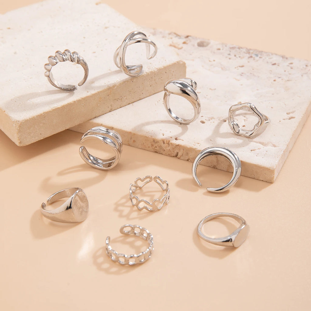 Salircon 10 Stück Bohemian Unregelmäßiger geometrischer Metallring Vintage Offener verstellbarer breiter Ring Damen Ästhetischer Bankettschmuck Geschenk