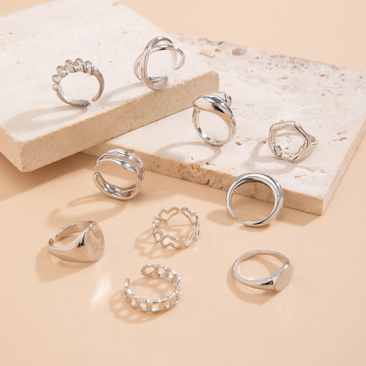 Salircon 10 Stück Bohemian Unregelmäßiger geometrischer Metallring Vintage Offener verstellbarer breiter Ring Damen Ästhetischer Bankettschmuck Geschenk